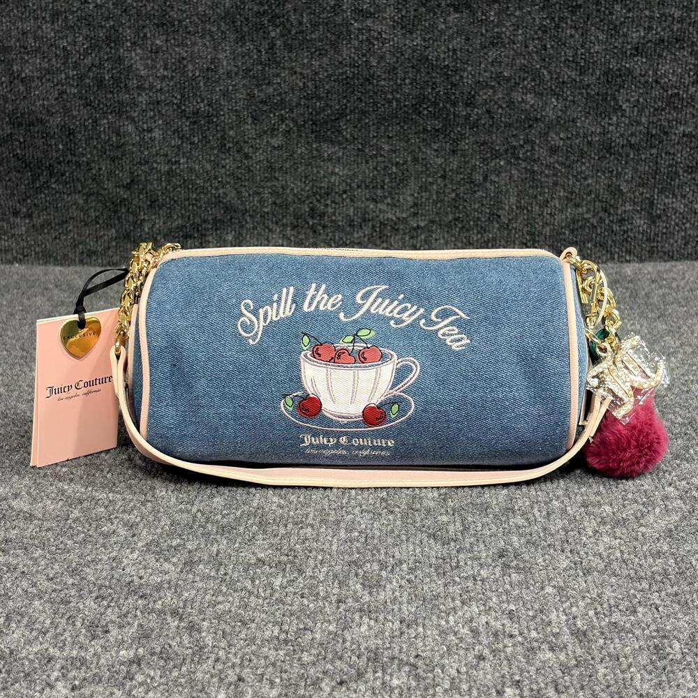 Juicy Couture Barrel Shoulder Bag Womens Spill The Juicy Tea Denim Tea Party NWT